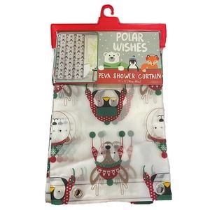 Cute Christmas Holiday Penquin, Polar Bear & Fox Peva Shower Curtain NEW 72 x 72